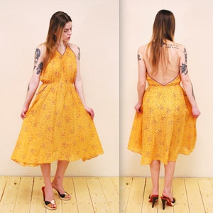 1970&#39;s Orange Halter Dress with Balloon Print & Purple Trim / Summer Dress / Hippie / Rare Collectable Retro / bjr