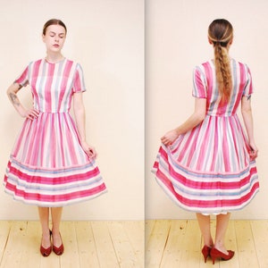 1950&#39;s/60&#39;s Pink and White L&#39;AIGLON Striped Chiffon Fit and Flare Summer Dress / Rockabilly / Pin-up / Rare Collectable Retro/ bjr
