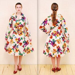 1960&#39;s Ivory Floral DRESSTOWN ORIGINAL Summer Garden Party Dress / Rockabilly / Pin-up / Rare Collectable Retro / bjr