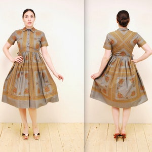 1950&#39;s/60&#39;s Grey Paisley HI-C-LASS Cotton Fit and Flare Summer Dress / Rockabilly / Pin-up / Rare Collectable Retro/ bjr