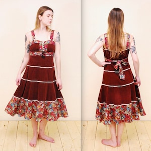 1970&#39;s/80&#39;s Burgundy Cord & Floral Peasant Dress Dress / Prairie Dress / Gunne Sax Style / Rare Collectable Retro / BJR