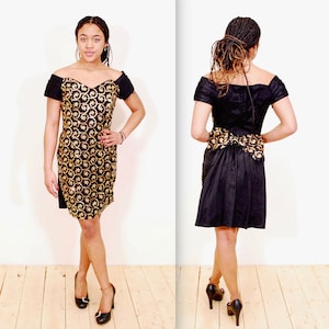 1980&#39;s Black GUNNE SAX Dress with Back Bow / Jessica McClintock / Gold Sequins / Built in Bustle / Rare Collectable Retro