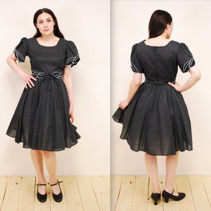 1980&#39;s Black Polka Dot Summer Dress with Leaf Details / Garden Party Dress / Rare Collectable Retro / bjr