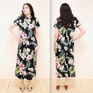 1980&#39;s Black Floral YOUNG HAWAII Bark Cloth Barkcloth Hawaiian Maxi Dress / Tiki / Rockabilly / Pin-up / Rare Collectable Retro / bjr