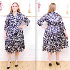 1950&#39;s/60&#39;s Blue and White STARLET CREATION Geometric Print Fit and Flare Dress / Rare Collectible Retro / bjr