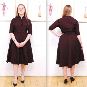1950&#39;s/60&#39;s Red and Black Checked Rayon Taffeta Dress / Rare Collectible Retro / bjr
