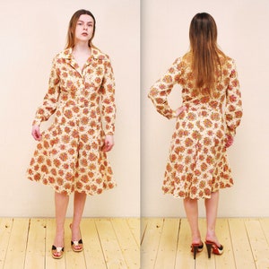 1970&#39;s Tan Floral Cotton Gauze Summer Dress / Hippie Dress / Rare Collectable Retro / bjr