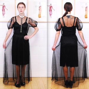 1920's/30's Black Tulle Dress with Silk Covered Buttons and Collar Trim / Rare Collectible Retro image 1