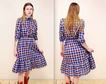 1970's/80's Blue Plaid ELL-JAY JUNIORS Peasant Dress Dress / Prairie Dress / Western Dress / Rare Collectable Retro / bjr