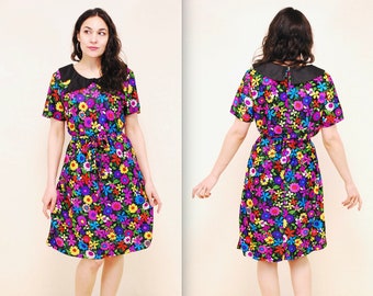 1960's/70's Black Floral Print Hippie Dress / Boho / Festival / Rare Collectable Retro bjr