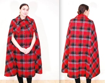 1960's/70's Red NICCOLINI Wool Plaid Winter Cape / Shawl / Poncho / Boho / Rare Collectable Retro / bjr