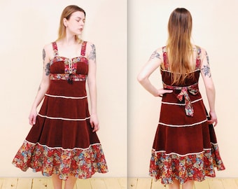 1970's/80's Burgundy Cord & Floral Peasant Dress Dress / Prairie Dress / Gunne Sax Style / Rare Collectable Retro / BJR