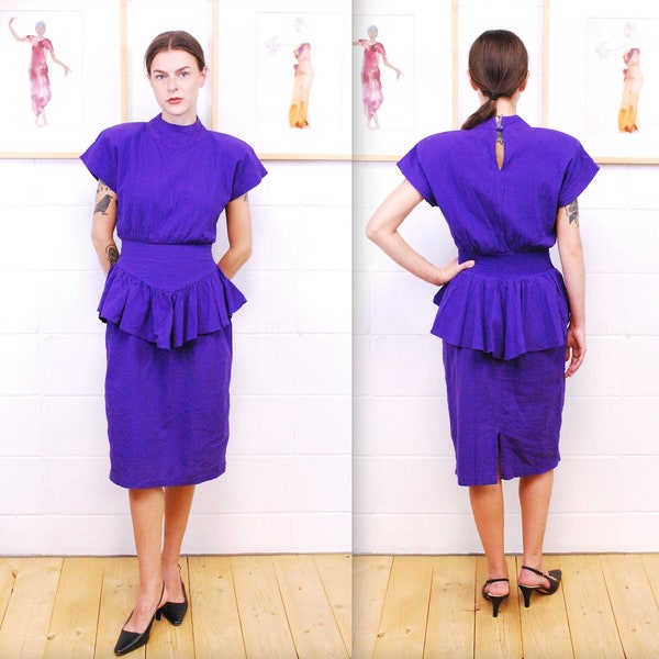 1980's Purple Peplum Party Dress / Disco / Rare Collectable Retro / bjr