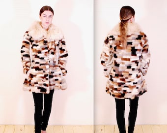 Vintage 1970's Color Block Fur and Leather 3/4 Length Jacket / Rockabilly / BoHo / Hippy Chic / Rare Collectable Retro / bjr
