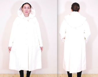 1960's/70's White PLACE de la MODE  Full Length Wool Overcoat with Detachable Hood / Rare Collectable Retro