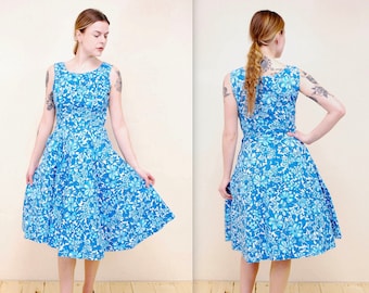 1950's/60's White and Blue Cotton Floral Fit and Flare Summer Dress / Rockabilly / Pin-up / Rare Collectable Retro/ bjr