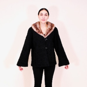 1950&#39;s/60&#39;s Black Persian Lamb Cropped Coat with Fur Collar / Rare Collectable Retro / bjr