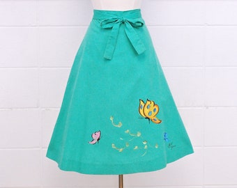 1950's/60's Green Wrap Skirt with Hand Painted Butterflies / Circle Skirt / Pin Up / Rockabilly / Rare Collectable Retro