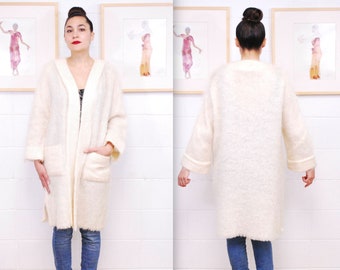 1970&#39;s Ivory ANDREW STEWART Mohair Swing Coat / Long Sweater / Woven in Scotland / Rare Collectable Retro / bjr