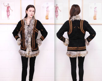 1970&#39;s Black Afghan Embroidered Shaggy Sheepskin Coat / Hippie / Boho / Penny Lane / Rare Collectable Retro / bjr