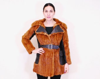 Vintage 1970's Brown Fur and Leather 3/4 Length Jacket / Dunwoody Furs / Rockabilly / BoHo / Hippy Chic / Rare Collectable Retro