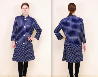 1970's Blue Checkered MARC of CALIFORNIA 3/4 Length Spring Coat / Trench Coat / Rare Collectable Retro / bjr