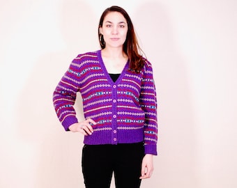 1980's Purple Striped ROSANNA Cardigan Sweater / Disco / Rare Collectable Retro / bjr