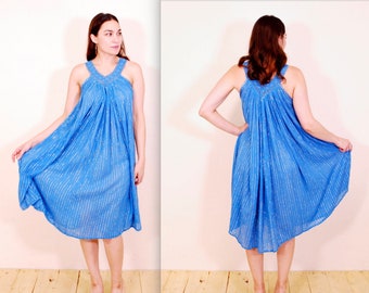 1970's Blue Ruffle Hippie Tent Dress with Metallic Trim / Boho / Festival / Rare Collectable Retro bjr