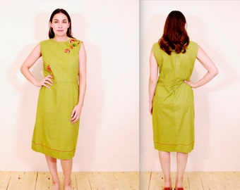 1960's Green Embroidered Shift Dress / Cocktail Dress / Party Dress / Mad Men / Rare Collectible Retro / bjr