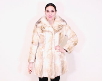 Vintage 1970's Off White and Leather 3/4 Length Jacket / Folk's Finer Furs / Rockabilly / BoHo / Hippy Chic / Rare Collectable Retro / bjr