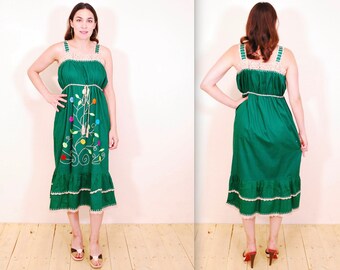 1960's/70's DEADSTOCK Green BEWITCH Embroidered Patio Tank Dress NOS / Hippy Dress / Rare Collectable Retro / bj