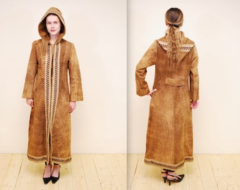 1970 's Brown Suede Maxi Hooded Coat with Embroidered Trim / Hippie / Boho / Penny Lane / Rare Collectable Retro / bjr