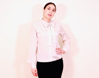 1980's GIVENCHY SPORT Off White Striped Blouse with Tie Collar / Rare Collectable Retro