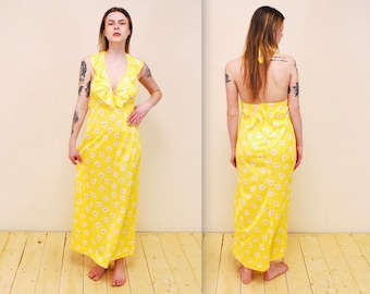 1960's/70's Yellow Floral Maxi Summer Halter Dress / Hippie Dress / Rare Collectable Retro / bjr