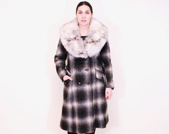 1960's/70's Grey Plaid BURDINES Mohair Overcoat with Fur Collar / Made in England / Rare Collectable Retro