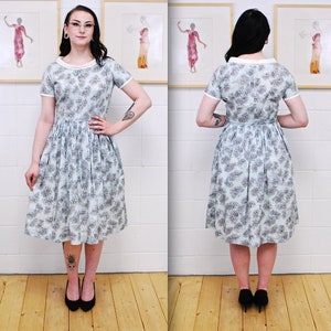 1950&#39;s/60&#39;s Pale Blue VIVKY VAUGHN Floral Fit and Flare Garden Party Dress with Bow and Cowl Neck Collar / Rare Collectible Retro
