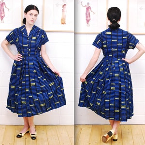 1950&#39;s/60&#39;s Dark Blue and Yellow Checked Print Summer Garden Party Dress / Rockabilly / Pin-up / Rare Collectable Retro
