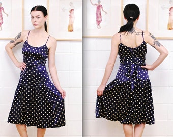 1990 BCBG PARIS azul marino seda Lunar punto Slip vestido / raro coleccionable Retro