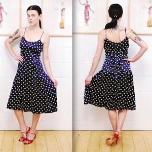 1990's BCBG PARIS Navy Blue Silk Polka Dot Slip Dress / Rare Collectable Retro