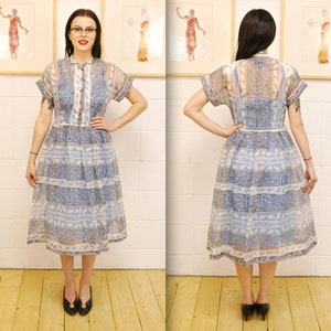 1950&#39;s/60&#39;s Light Blue Paisley Crepe Chiffon Fit and Flare Dress / Summer Party Dress / Prom Dress / Cocktail Dress / Rare Collectible Retro