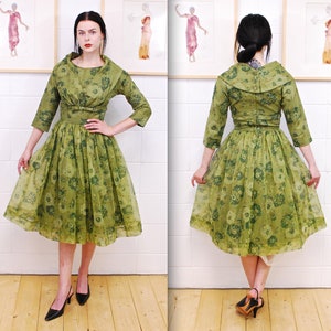1950&#39;s/60&#39;s Green MISS DEB Summer Floral Garden Party Dress / Rockabilly / Pin-up / Rare Collectable Retro