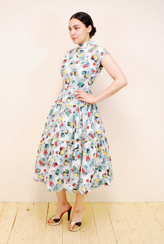 1940's/50's Geometric Print Cotton Fit and Flare … - image 3