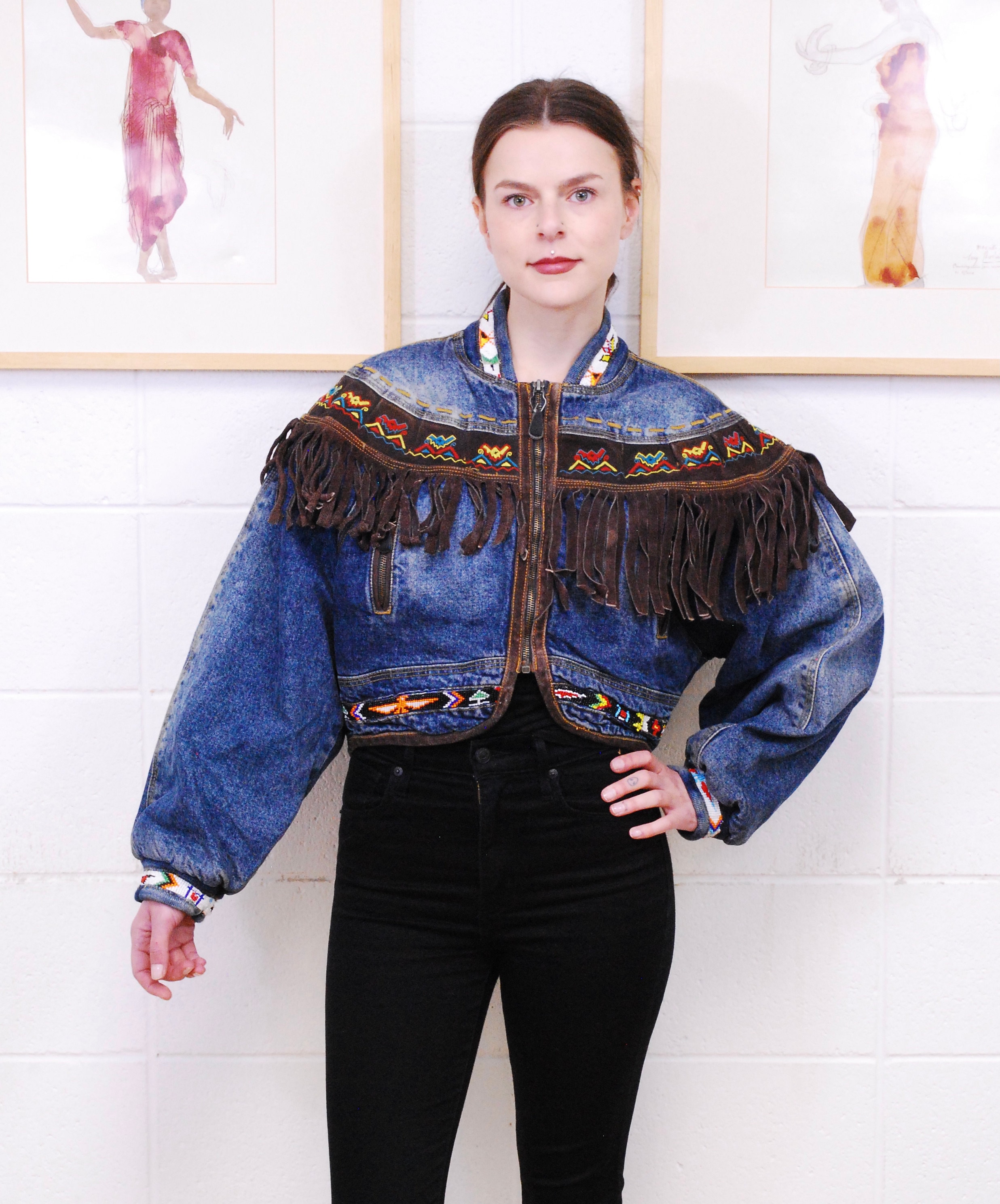 1980's/90's NO JEANS Beaded Suede Fringe Cropped Denim Jean