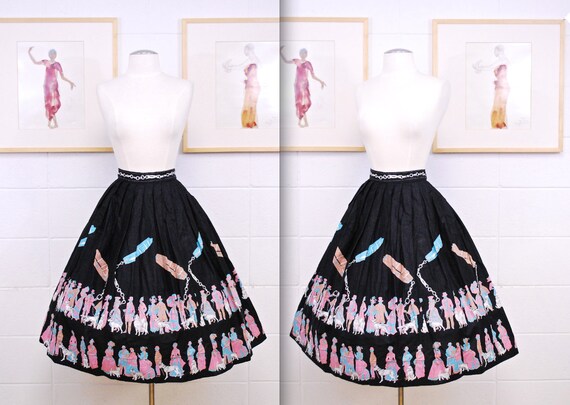 1950's VICTORIAN DOG WALKING Print Swing Skirt / C