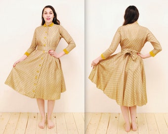1950&#39;s/60&#39;s Gold Taffeta Hostess Gown / Dressing Gown / Retro Collectable Rare/ bjr