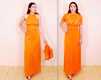 1970's Funky Bright Orange Maxi Dress and Jacket Set / Hippie / Rare Collectable Retro