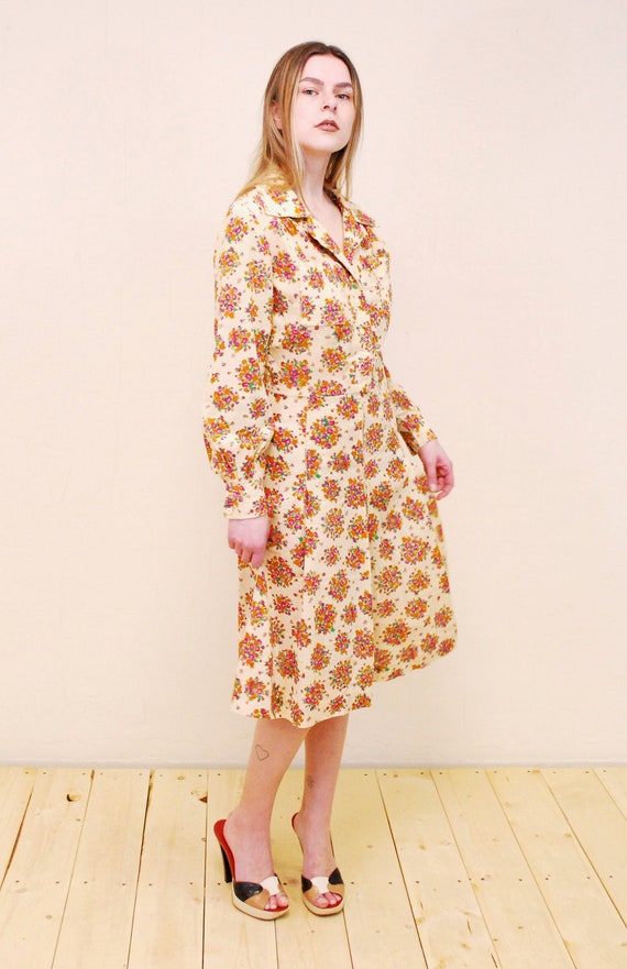 1970's Tan Floral Cotton Gauze Summer Dress / Hip… - image 5
