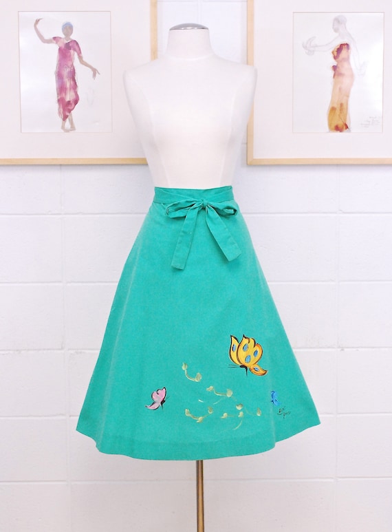 1950's/60's Green Wrap Skirt with Hand Painted Bu… - image 1