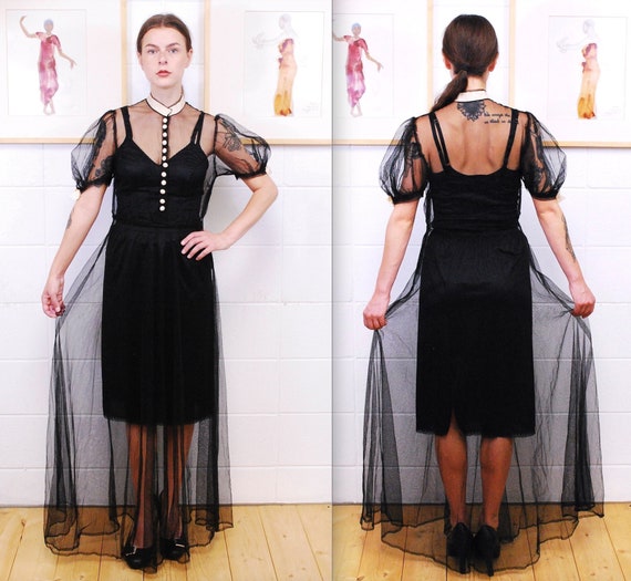 1920's/30's Black Tulle Dress with Silk Covered B… - image 1