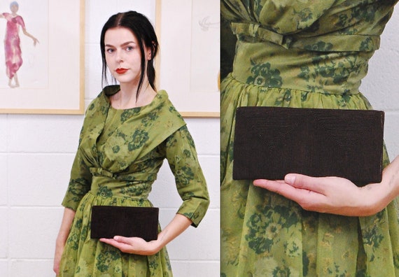 1950's/60's Brown Corded Fabric Clutch Purse / Ma… - image 1